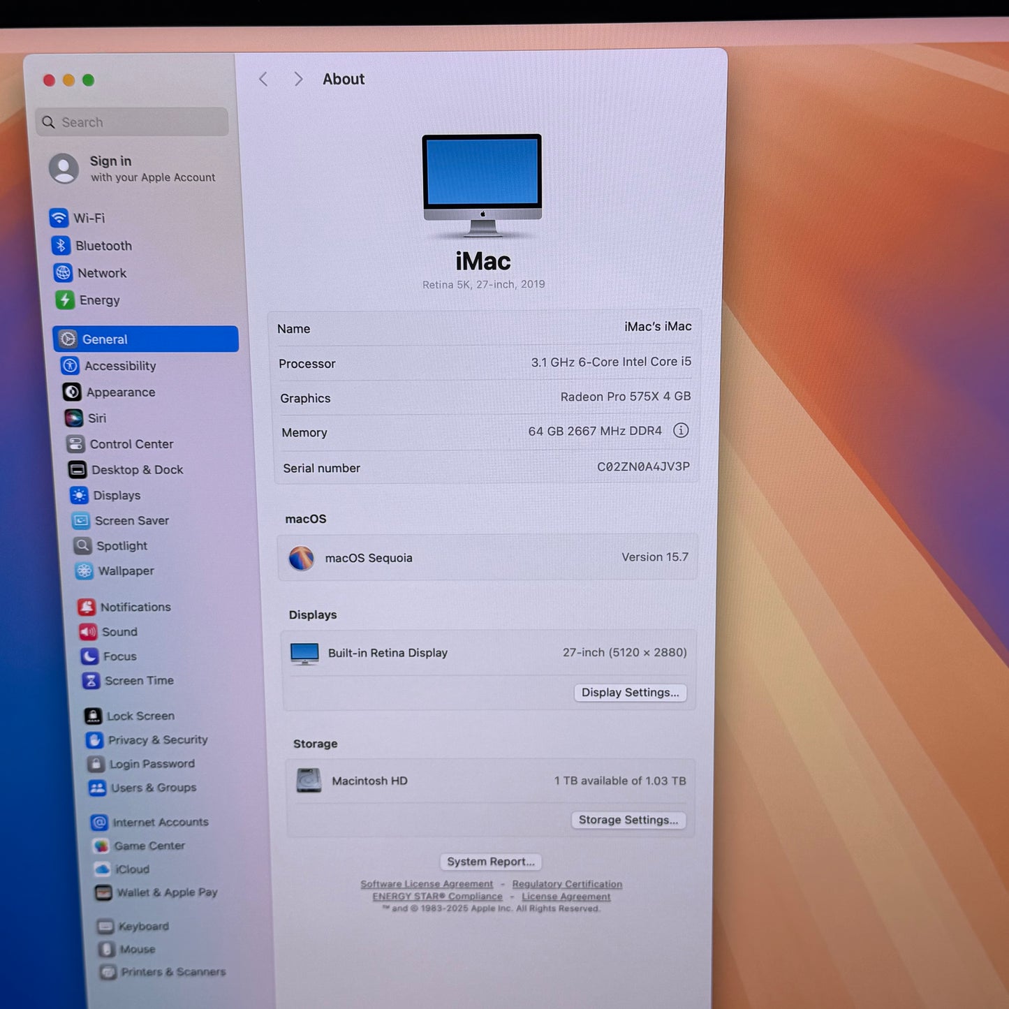 2019 Apple iMac 27" i5 3.1GHz 64GB RAM 1TB Fusion Silver A2115 5K Retina