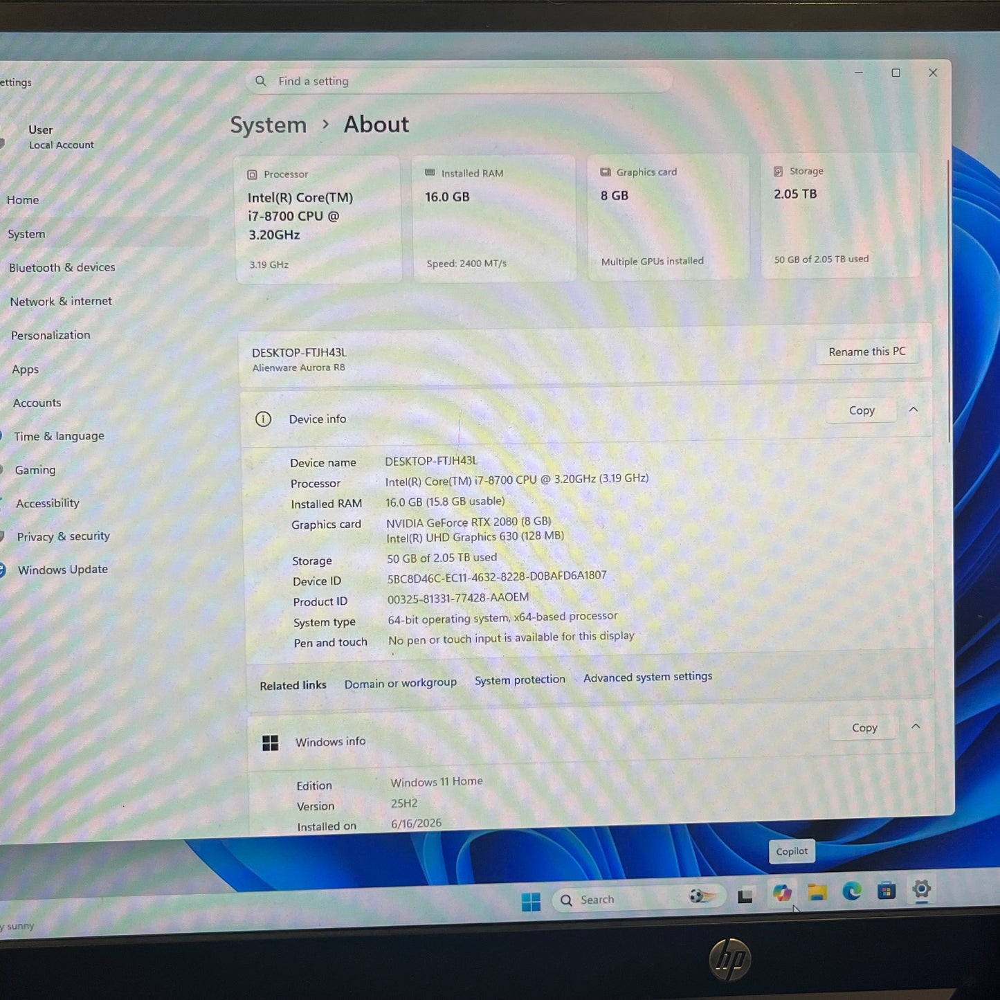 Alienware Aurora R8 AWAUR8-7608SLV-PUS Core i7-8700 3.20GHz 16GB RAM 256GB SSD 2TB SSD GeForce RTX 2080