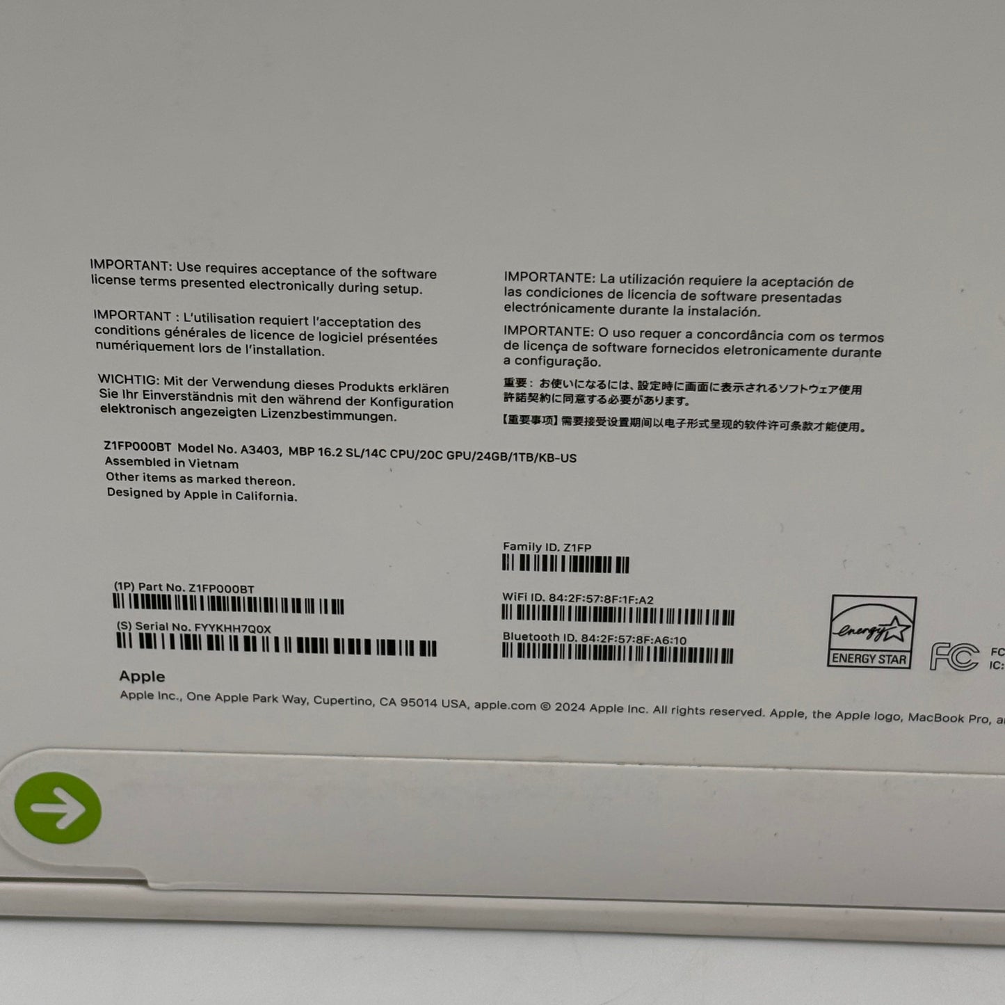 New 2024 Apple MacBook Pro 16" M4 Pro 16C GPU 4.5GHz 24GB RAM 1TB SSD A3403