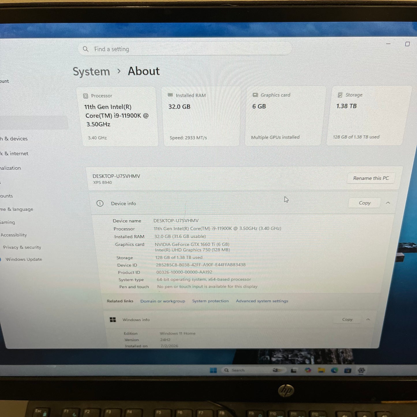 Dell XPS 3YK5RJ3 Core i9-11900K 3.50GHz 32GB RAM 1TB SSD GeForce GTX 1660 Ti