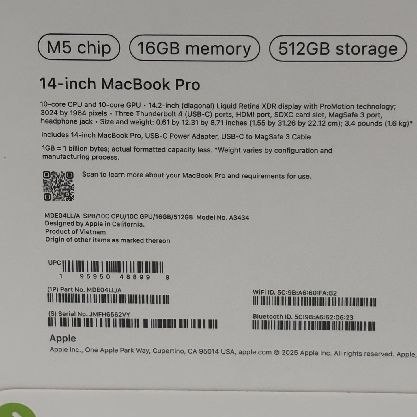 New 2025 Apple MacBook Pro 14" M5 10 Core 4.6GHz 16GB RAM 512GB SSD A3434