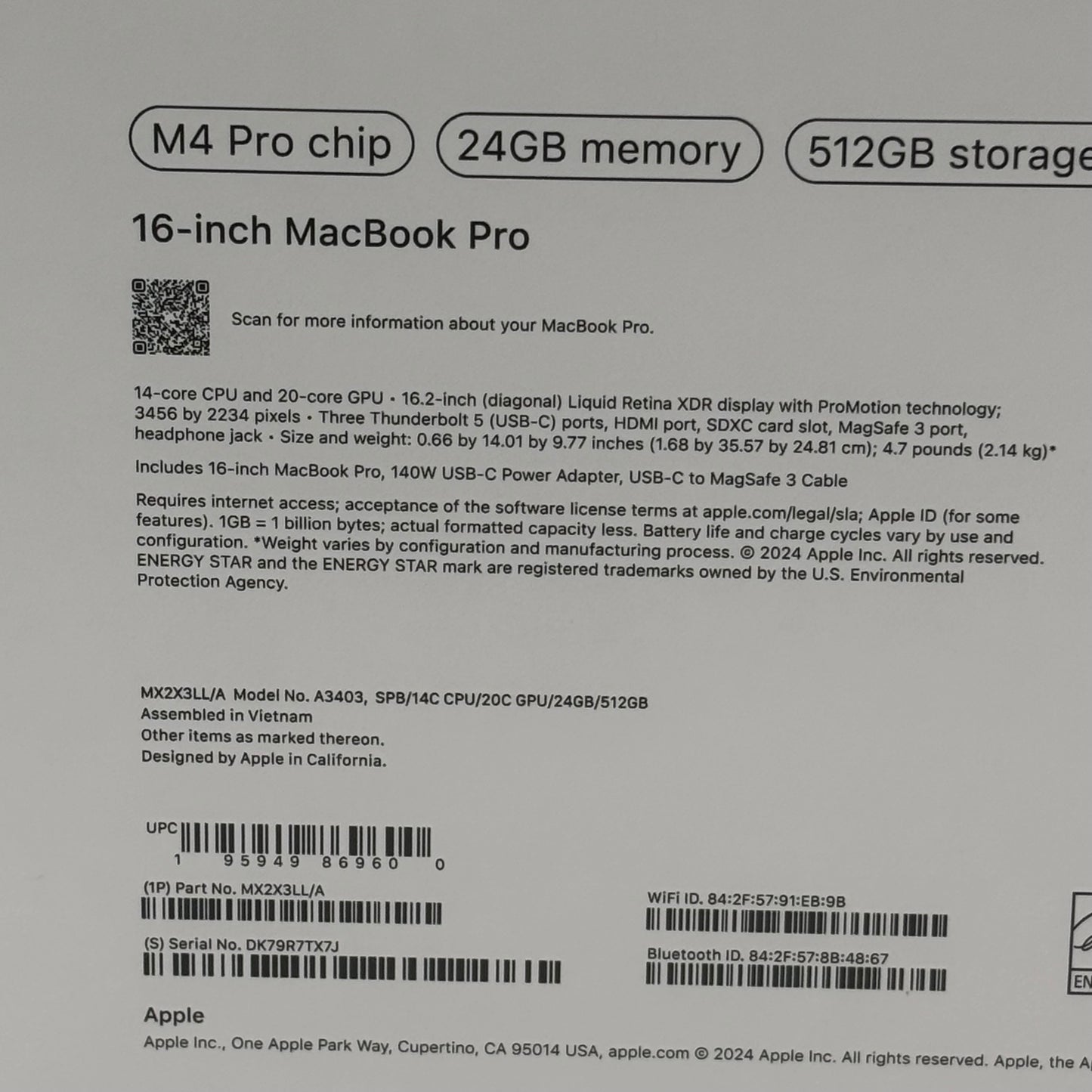 New 2024 Apple MacBook Pro 16" M4 Pro 20 Core 4.5GHz 24GB RAM 512GB SSD A3403