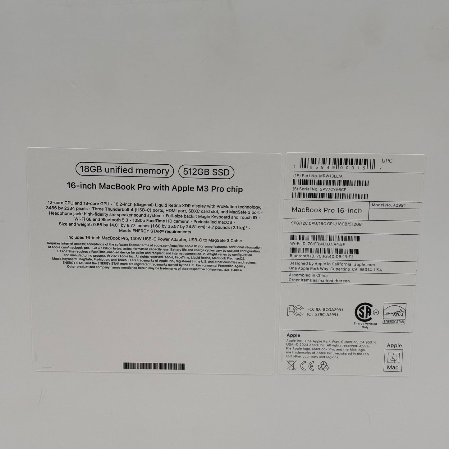 2023 Apple MacBook Pro 16" M3 Pro 4.0GHz 18GB RAM 512GB SSD A2991