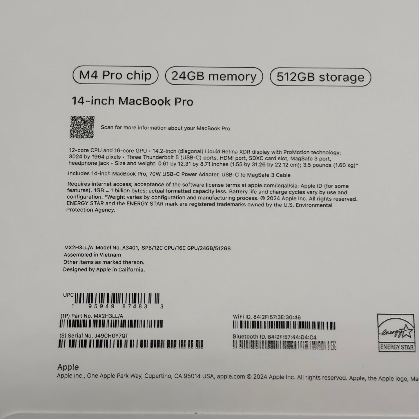 New 2024 Apple MacBook Pro 14" M4 Pro 16C GPU 4.5GHz 24GB RAM 512GB SSD A3401