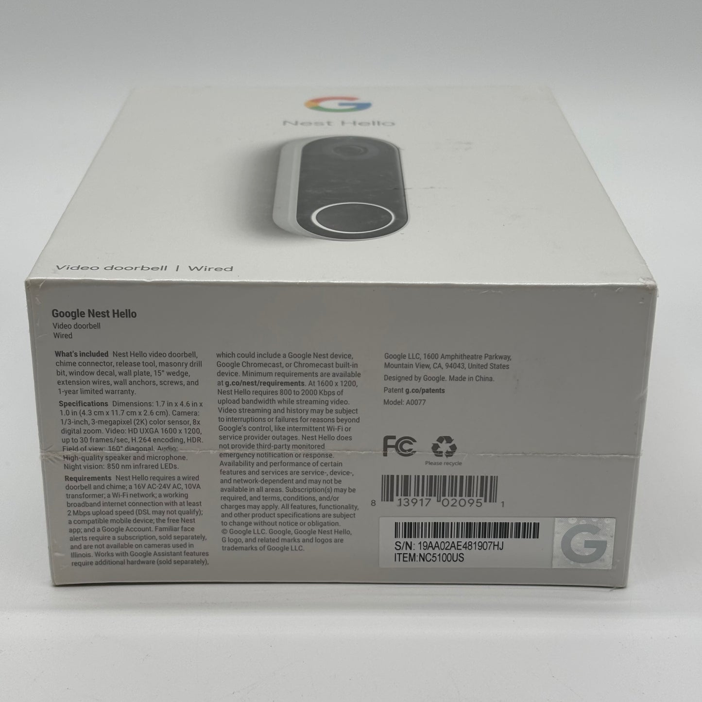New Google Nest Hello Doorbell Wired Doorbell Camera NC5100US