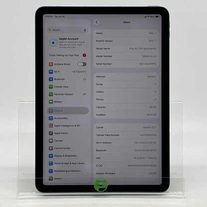 WiFi Only Apple iPad Air 5th Gen 64GB 26.5 Blue MM6U3LL/A