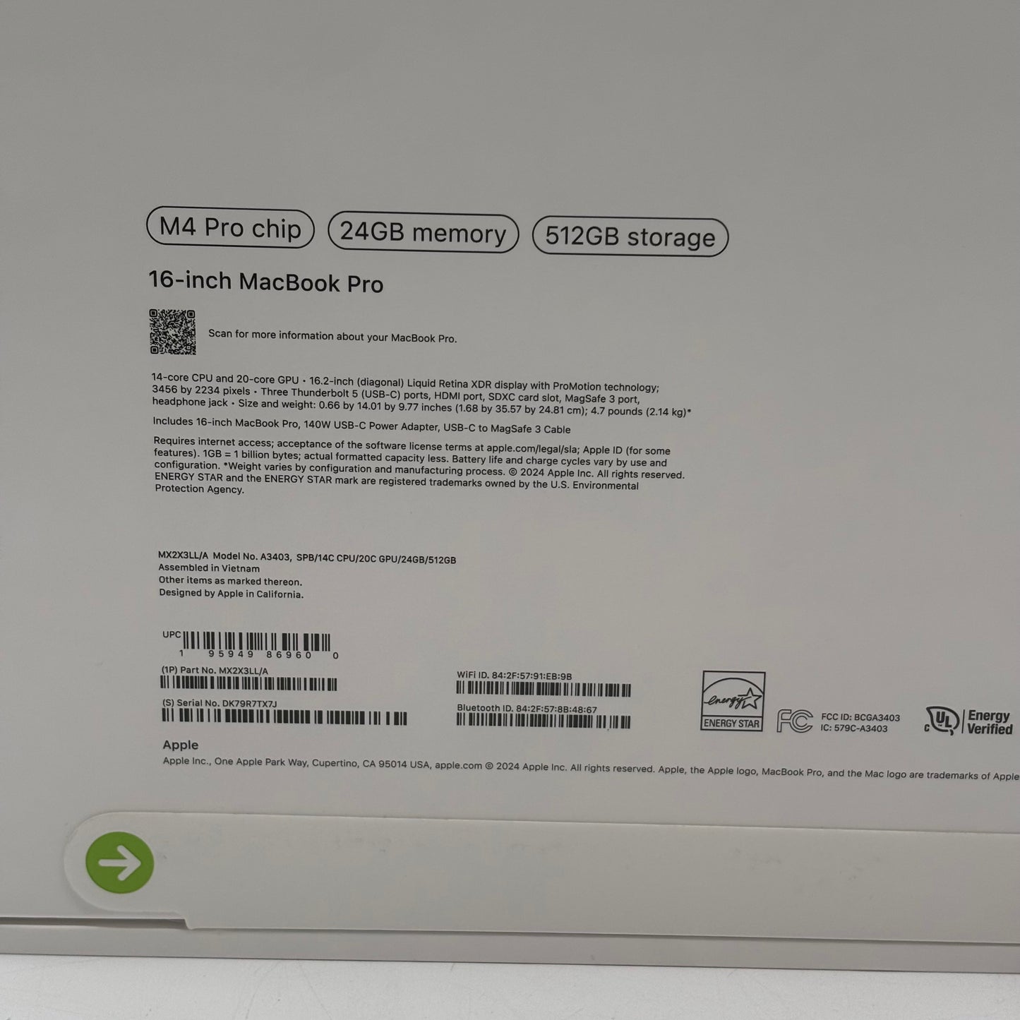 New 2024 Apple MacBook Pro 16" M4 Pro 20 Core 4.5GHz 24GB RAM 512GB SSD A3403