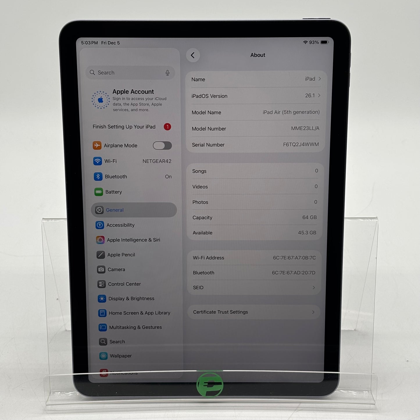 WiFi Only Apple iPad Air 5th Gen 64GB Purple MME23LL/A