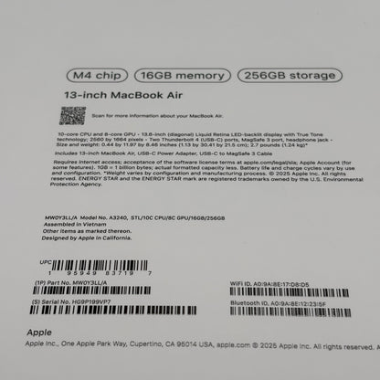 2025 Apple MacBook Air 13.6" M4 8 Core 4.5GHz 16GB RAM 256GB SSD A3240