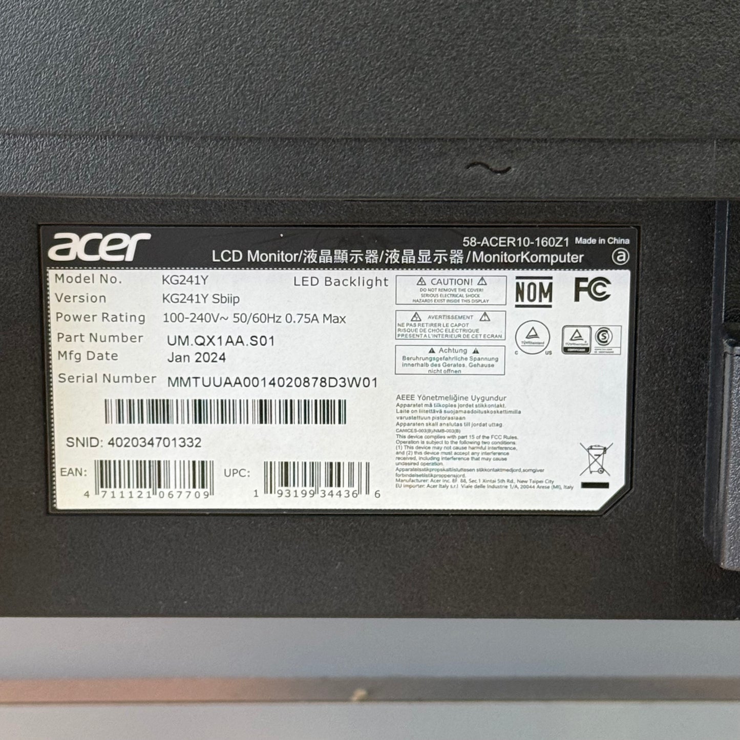 Acer 24" Nitro KG1 KG241Y FHD LED VA Gaming Monitor