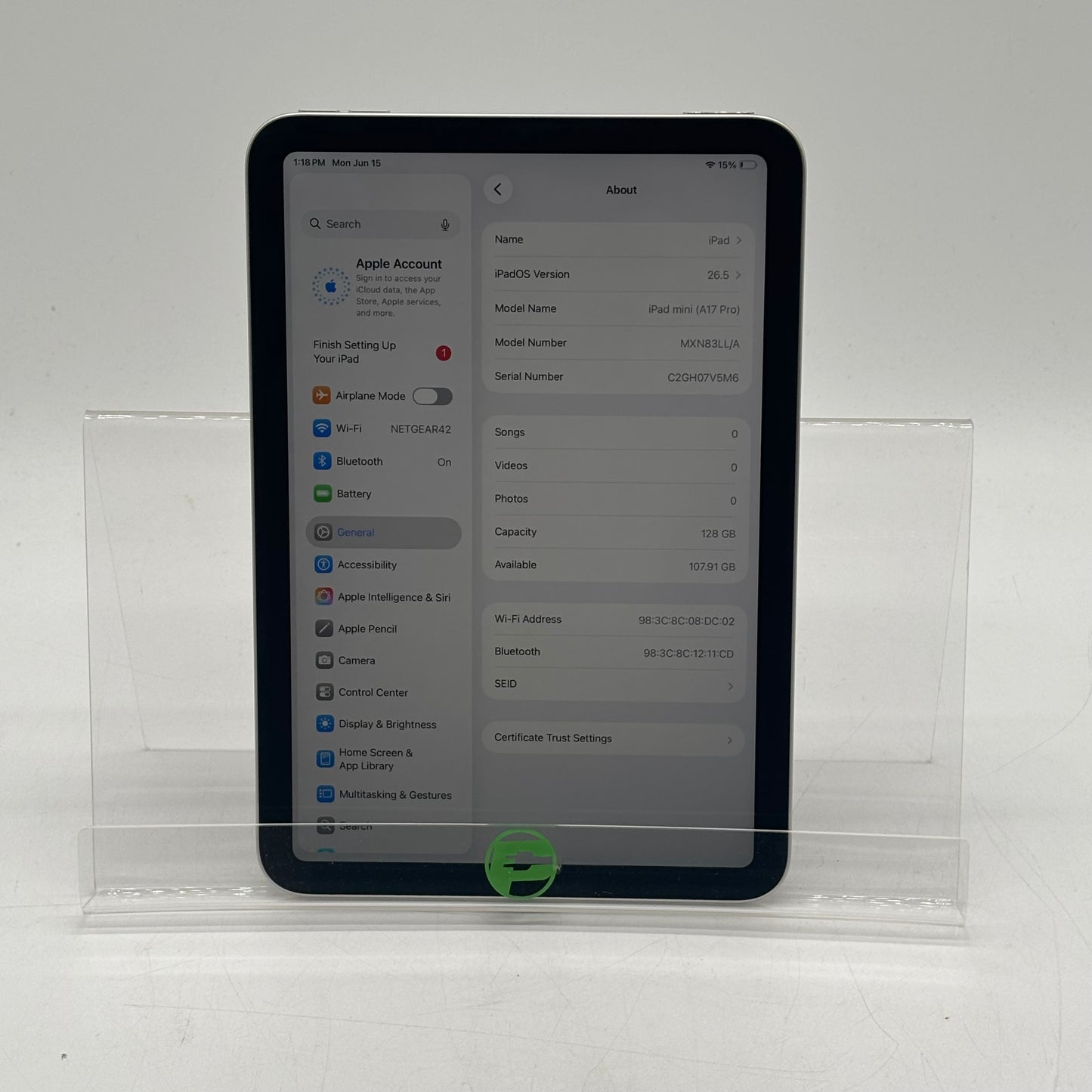 WiFi Only Apple iPad mini (A17 Pro) 128GB Starlight MXN83LL/A