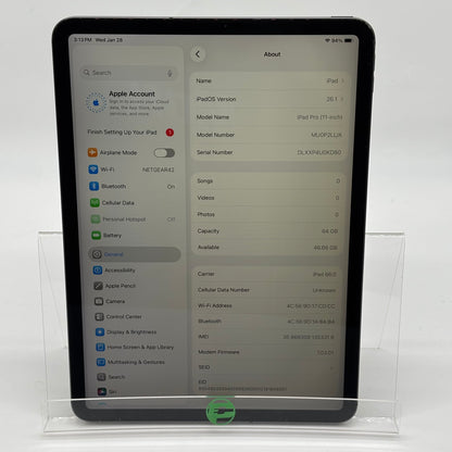 Unlocked Apple iPad Pro 11" 1st Gen 64GB Space Gray MU0P2LL/A