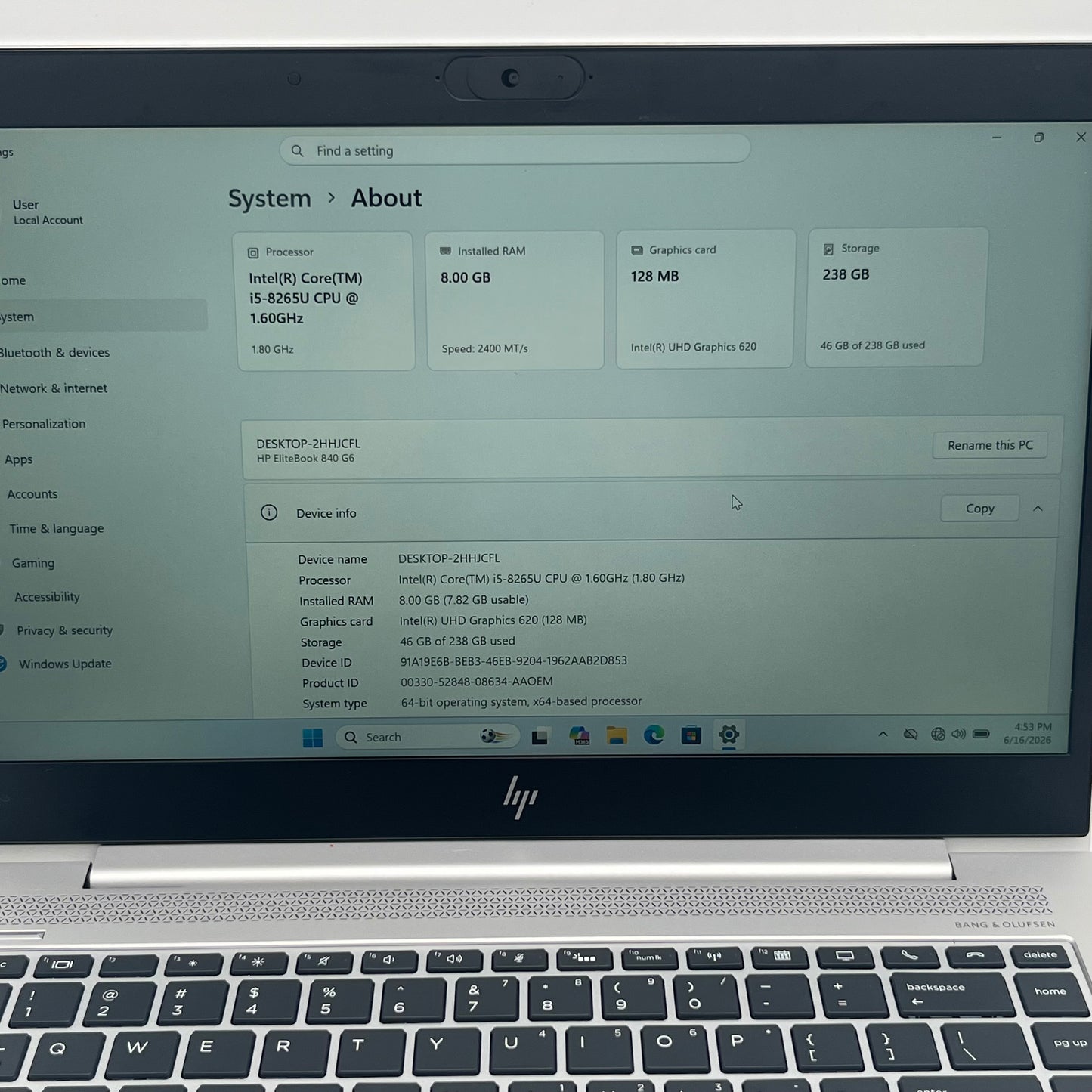 HP EliteBook 840 G6 14" i5-8265U 1.6GHz 8GB RAM 256GB SSD