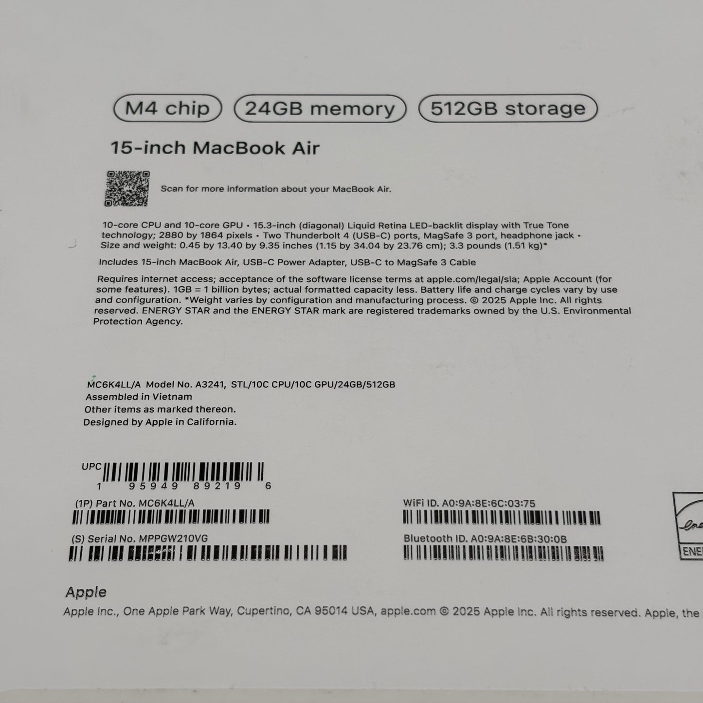 2025 Apple MacBook Air 15" M4 10 Core 4.5GHz 24GB RAM 512GB SSD A3241