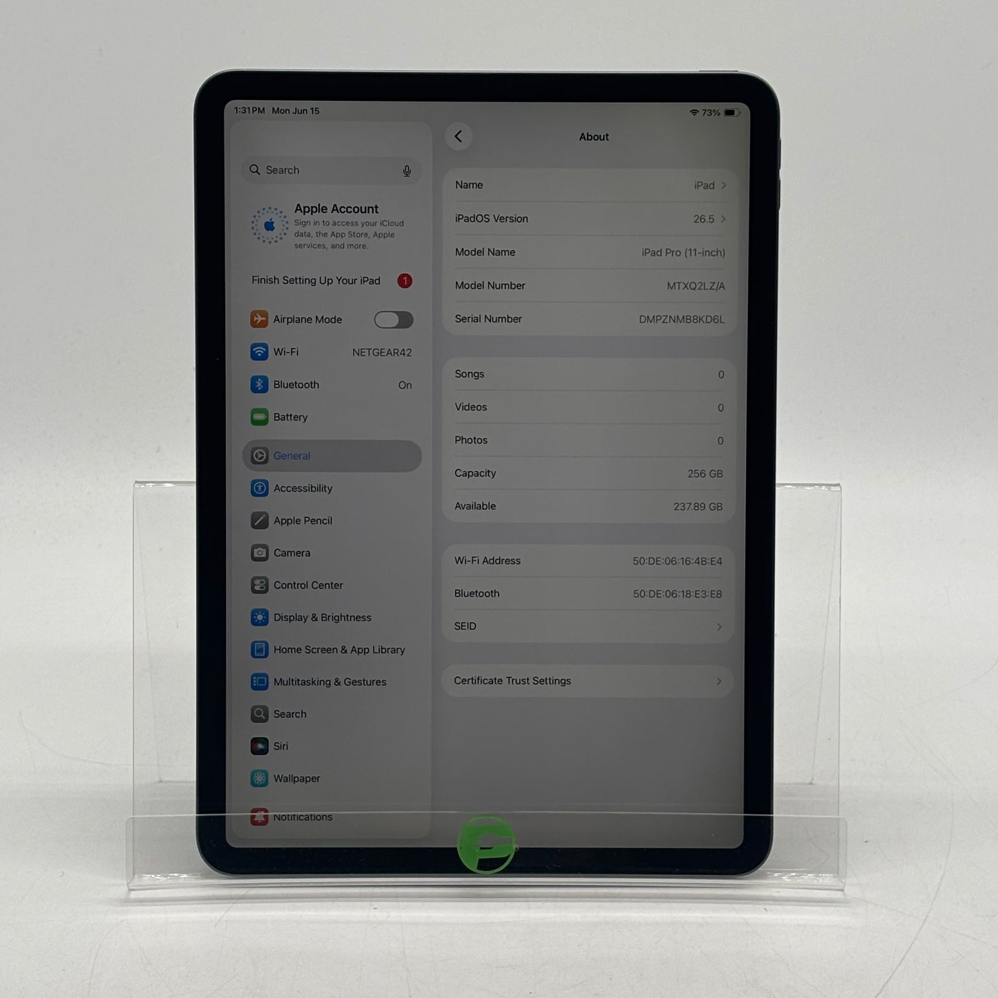 WiFi Only Apple iPad Pro 11" 1st Gen 256GB Space Gray MTXQ2LZ/A