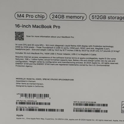 New 2024 Apple MacBook Pro 16" M4 Pro 20 Core 4.5GHz 24GB RAM 512GB SSD A3403