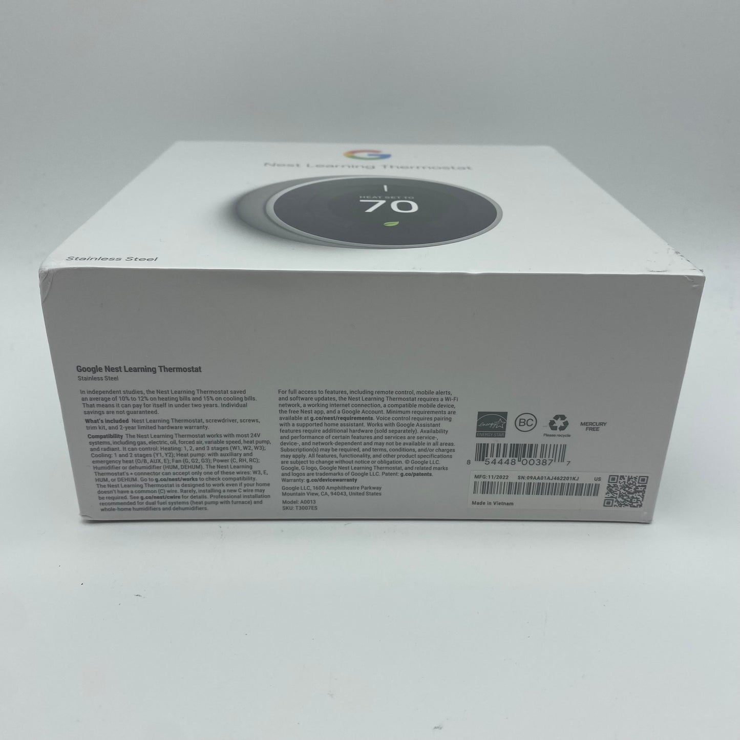 New Google Nest Learning Thermostat Smart Thermostat Stainless Steel A0013