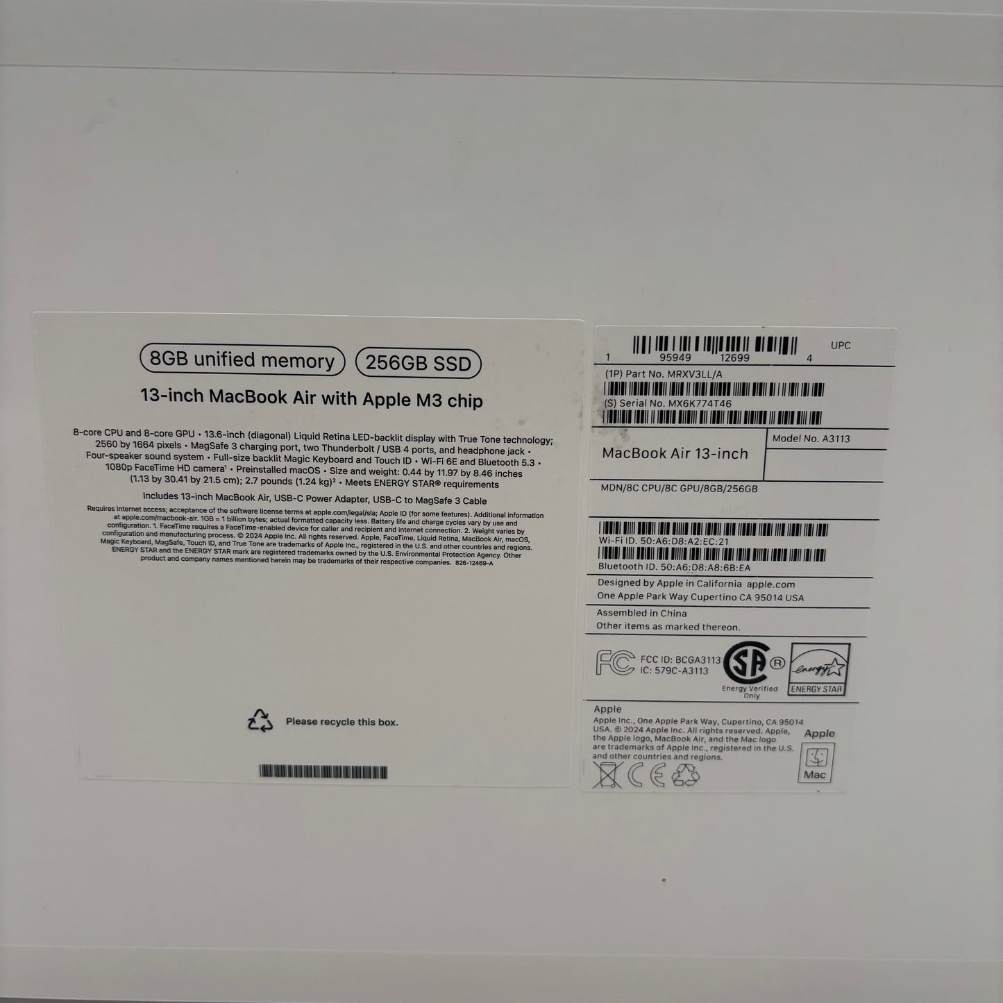 2024 Apple MacBook Air 13.6" M3 8C GPU 4.0GHz 8GB RAM 256GB SSD A3113
