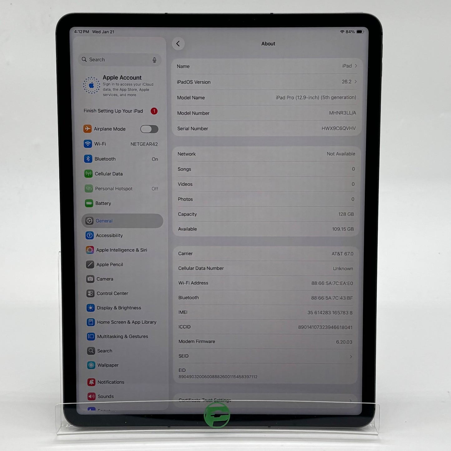 Unlocked Apple iPad Pro 12.9" 5th Gen 128GB Space Gray MHNR3LL/A