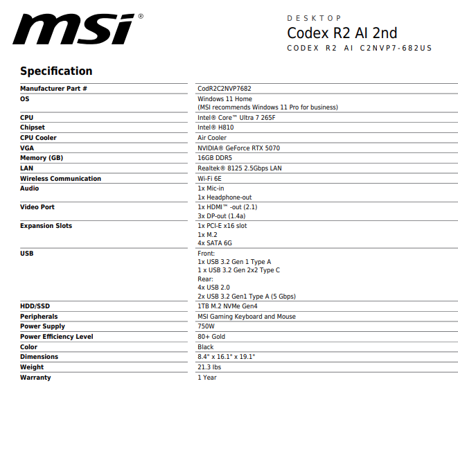 New MSI Codex R2 AI 2nd Core Ultra 7 265F 5.3GHz 16GB RAM 1TB SSD RTX 5070